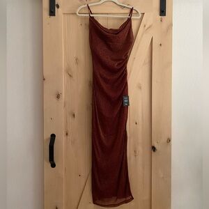 NWT! Lulus “Next Please” Gold & Burgandy Cowl Neck dress (XS)